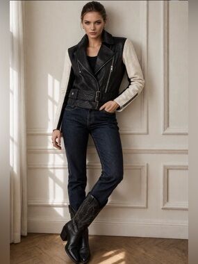 Helmut Lang Moto Leather Lambskin Black & White Asymmetrical Biker Jacket S